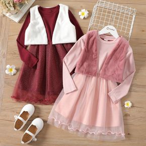 2-piece Kid Girl Ribbed Glitter Design Mesh Splice Long-sleeve Party Dress and Fuzzy Vest Set