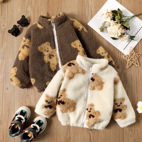 Bear Print Stand Collar Fluffy Long-sleeve Beige or Brown Toddler Padded Coat Jacket