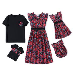 Family Matching Floral Print Cross Wrap V Neck Sleeveless Ruffle Dresses and T-shirts Sets