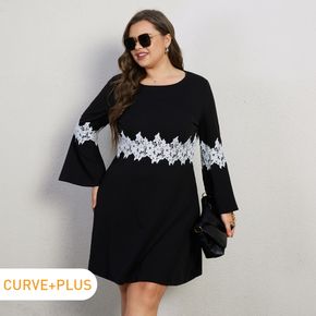 Women Plus Size Elegant Lace Design Long-sleeve Dress