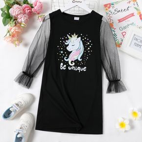 Kid Girl Letter Unicorn Print Mesh Long-sleeve Black Dress