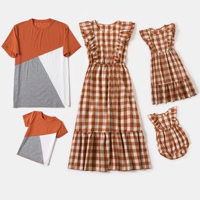 Family Matching Plaid Sleeveless Ruffle Dresses and Colorblock Short-sleeve T-shirts Sets