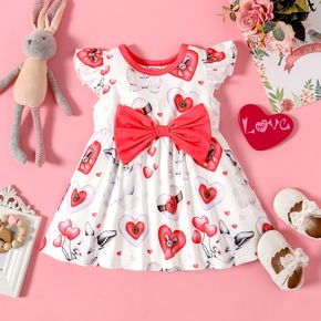 Valentine's Day Baby Girl Love Heart and Cartoon Rabbit Print Flutter-sleeve Bowknot Dress
