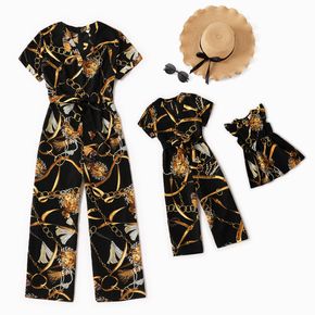 All Over Golden Metal Chain Print V Neck Short-sleeve Jumpsuit for Mom and Me