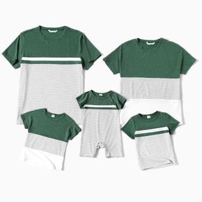 Family Matching Green Splicing Striped Round Neck Short-sleeve T-shirts
