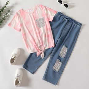 2-piece Kid Girl Sequined Pocket Design Tie Dyed Tie Knot Tee and Ripped Denim Jeans Set