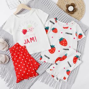 2-piece Kid Girl Letter Strawberry Print Tee and Ruffled Cuff Polka dots/Strawberry Print Shorts Pajamas Set