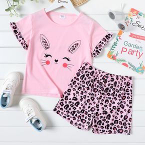 2-piece Kid Girl Rabbit Print Ruffled Pink Tee and Leopard Print Shorts Set