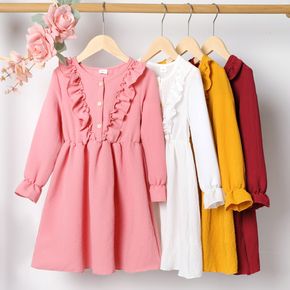 Kid Girl Ruffled Button Design Solid Color Long-sleeve Dress