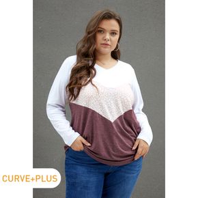 Women Plus Size Casual Colorblock Twist Knot V Neck Long-sleeve Tee