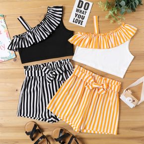 2-piece Kid Girl Stripe Flounce Sleeveless Strap Tee and Belted Paperbag Shorts Set