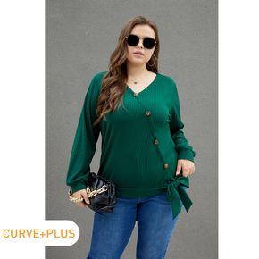 Women Plus Size Casual V Neck Button Design Tie Side Long-sleeve Tee