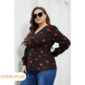 Women Plus Size Elegant Heart Print Surplice Neck Long-sleeve Blouse