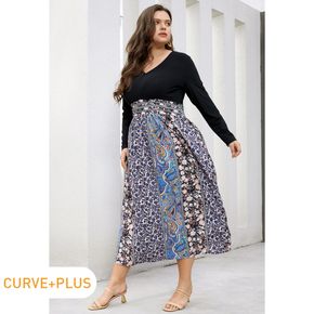 Women Plus Size Casual V Neck Floral Print Splice Long-sleeve Dress