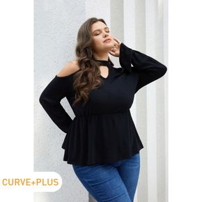 Women Plus Size Elegant Cold Shoulder Cut out Flounce Long-sleeve Blouse
