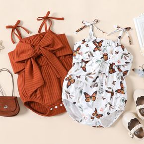 Baby Girl Ribbed Brown/White Butterfly Print Sleeveless Spaghetti Strap Bowknot Romper