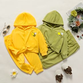 2-piece Toddler Ruffled Bee Print Twist Front Hoodie Sweatshirt and Elasticized Solid Color Pants Set