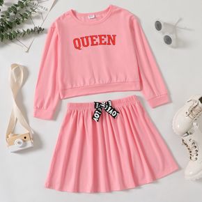 2-piece Kid Girl Letter Print Pink Sweatshirt and Bowknot Design Skirt Set