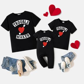 Valentine's Day Love Heart and Letter Print Black Cotton Short-sleeve T-shirts for Mom and Me