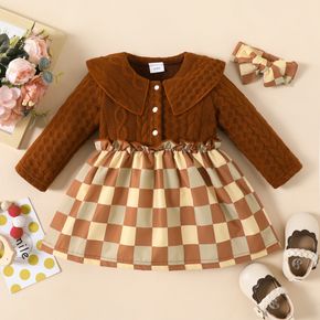 2pcs Baby Girl Brown Doll Collar Long-sleeve Splicing Plaid Dress Set