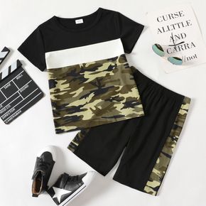 2-piece Kid Boy Camouflage Print Colorblock Tee and Elasticized Shorts Set