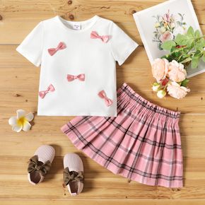 2-piece Toddler Girl Bowknot Design White Tee and Pink Plaid Skirt Set