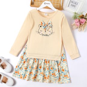 Kid Girl Faux-two Bowknot Design Cat Print Side Slit Floral Print Splice Long-sleeve Dress
