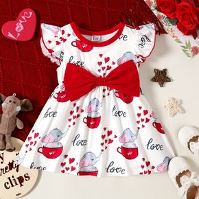 Baby Girl Cartoon Elephant and Red Love Heart Print Flutter-sleeve Bowknot Dress