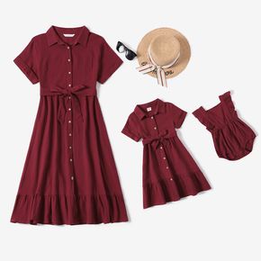 100% Cotton Crepe Solid Button Up Belted Short-sleeve Dress for Mom and Me
