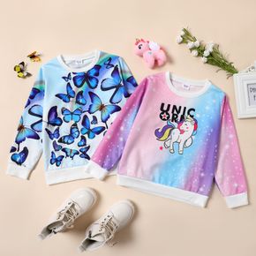 Kid Girl Gradient Color Butterfly/Unicorn Letter Print Pullover Sweatshirt