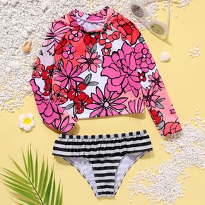2-piece Toddler Girl Floral Print Long-sleeve Top and Stripe Briefs Swimsuit Set