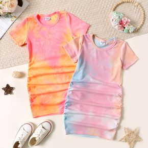 Toddler Girl Tie Dyed Round-collar Ruched Short-sleeve Dress