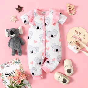 Baby Girl All Over Cartoon Koala Print Short-sleeve Splicing Pink Ruffle Snap Jumpsuit