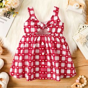 Baby Girl Red Love Heart and Plaid Sleeveless Hollow Out Front Bowknot Dress