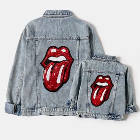 Sequins Lips Tongue Pattern Light Blue Long-sleeve Denim Jacket for Mom and Me