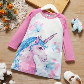 Toddler Girl Unicorn Butterfly Print Long Ralan Sleeve Dress