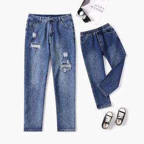 Blue Distressed Ripped Hole Jeans Straight Fit Denim Pants for Mom and Me