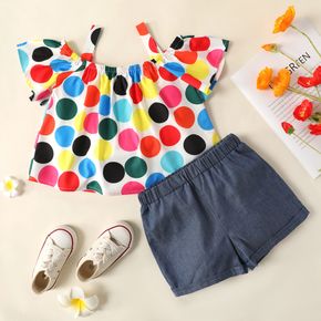 2-piece Toddler Girl Colorful Polka dots Off Shoulder Strap Tee and Elasticized Denim Shorts Set
