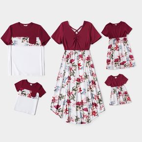 Family Matching Solid Short-sleeve Splicing Floral Print Dresses and Colorblock T-shirts Sets