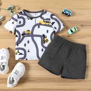 2-piece Toddler Boy Road Vehicle Print Short-sleeve Tee and Elasticized Grey Shorts Set