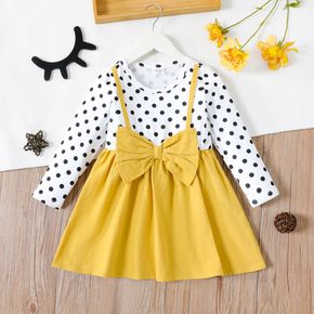 Toddler Girl Faux-two Polka dots Bowknot Design Splice Long-sleeve Dress