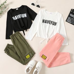 2-piece Kid Girl Letter Print Tie Knot Long-sleeve Tee and Cargo Pants Set