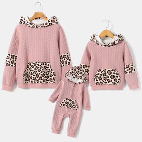 Pink Textured Long-sleeve Splicing Leopard Hoodie for Mom and Me