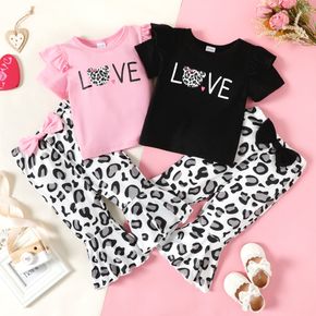 Conjunto de t-shirt de manga curta com babado com estampa de carta para bebê de 2 peças e conjunto de calças com laço de leopardo