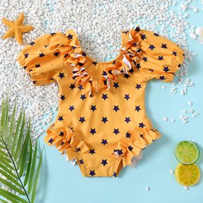 Baby Girl All Over Stars Print Puff Sleeve Ruffle One Piece Swimsuit