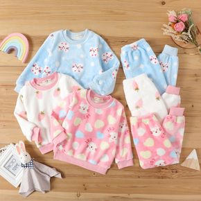2pcs Strawberry or Heart or Kitty Allover Fluffy Long-sleeve White or Pink or Blue Toddler Pajamas Home Set