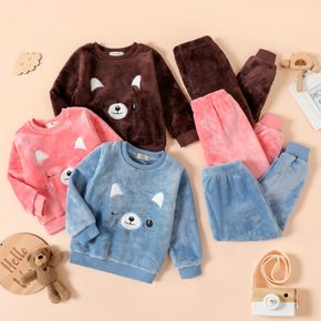 2pcs Bear or Kitty Applique Fluffy Long-sleeve Pink or Blue or Brown Toddler Pajamas Home Set