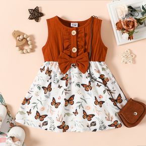 Baby Girl Brown Ruffle Bowknot Splicing Butterfly Print Sleeveless Dress
