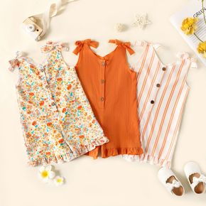 Toddler Girl Floral Print/Stripe/Orange Button Design Ruffled Cuff Bowknot Strap Romper Jumpsuit Shorts