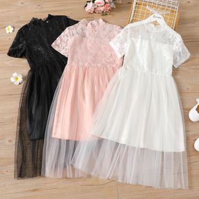 Kid Girl Lace Design Short-sleeve Solid Color Mesh Dress